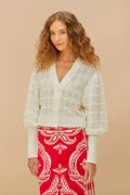 White Lace Stitch Knit Crop Cardigan