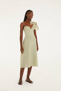 Green Striped 3d Monstera Leaf Euroflax™ Premium Linen Midi Dress