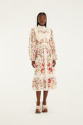 Cream Royal Garden Long Sleeve Crochet Midi Dress