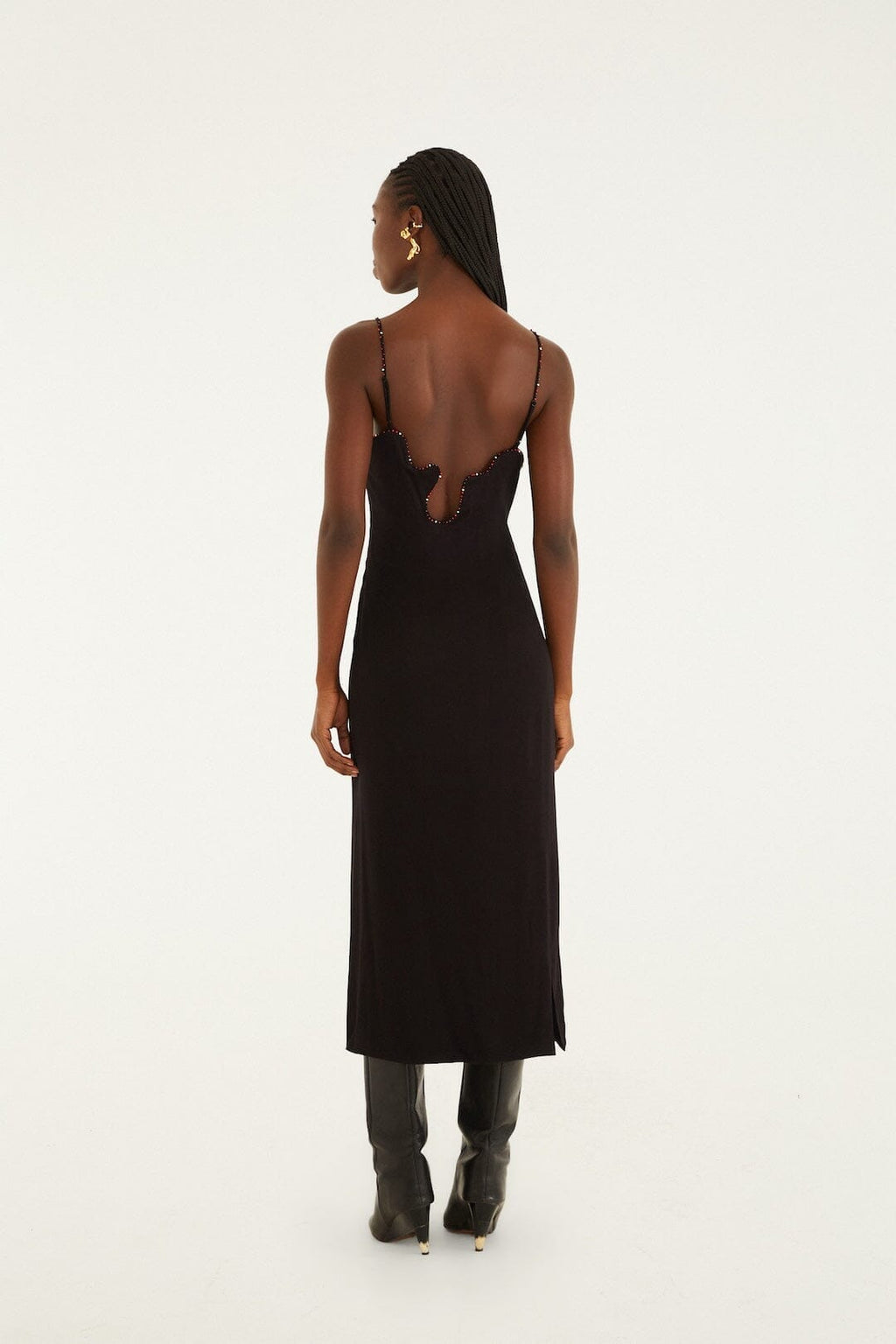 Black Beaded Neckline Sleeveless Midi Dress
