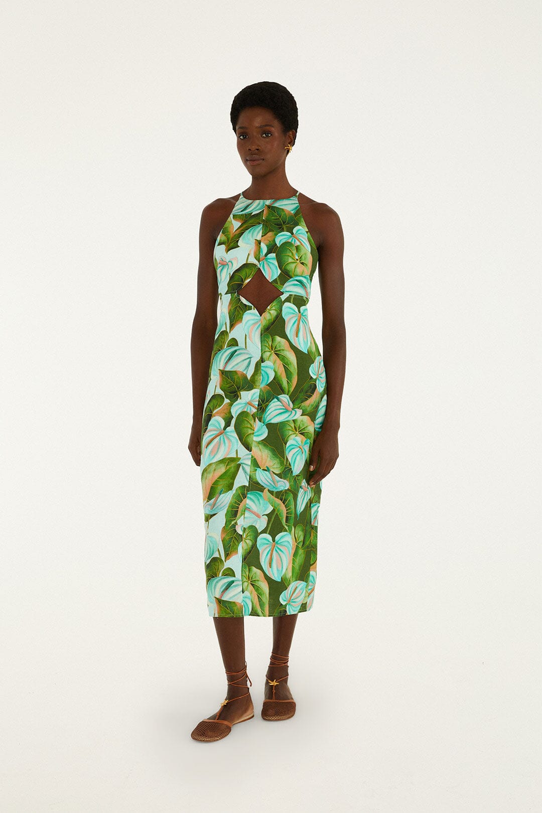Green Anthurium Leaves Cut-Out Euroflax™ Premium Linen Midi Dress