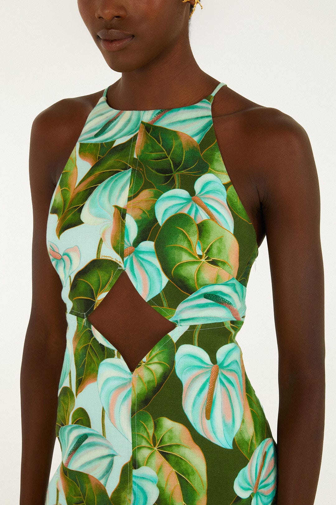 Green Anthurium Leaves Cut-Out Euroflax™ Premium Linen Midi Dress