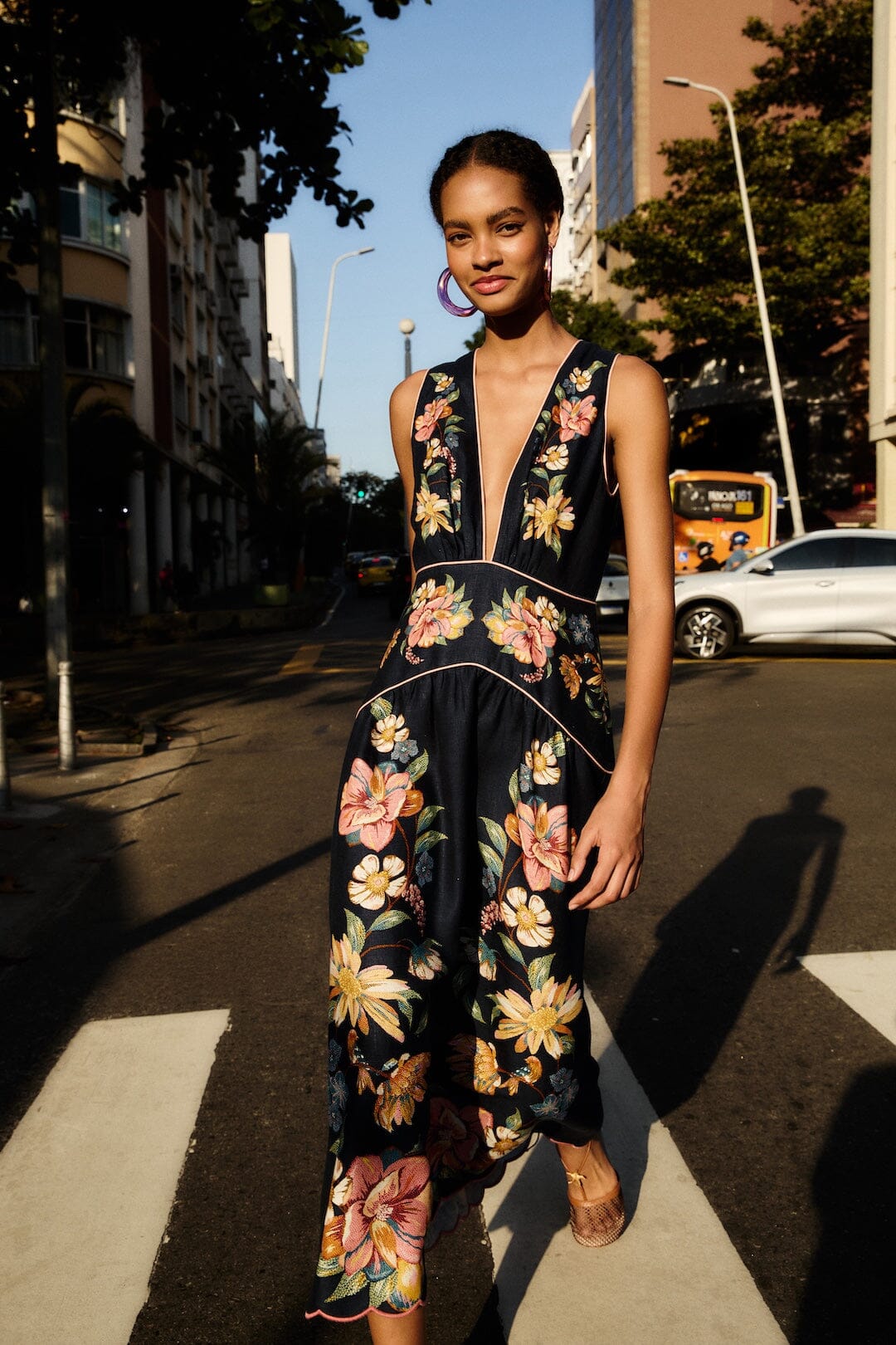 Dark Blue Maira Floral Euroflax™ Premium Linen Midi Dress