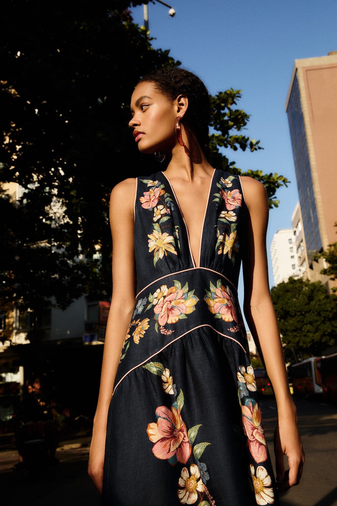 Dark Blue Maira Floral Euroflax™ Premium Linen Midi Dress