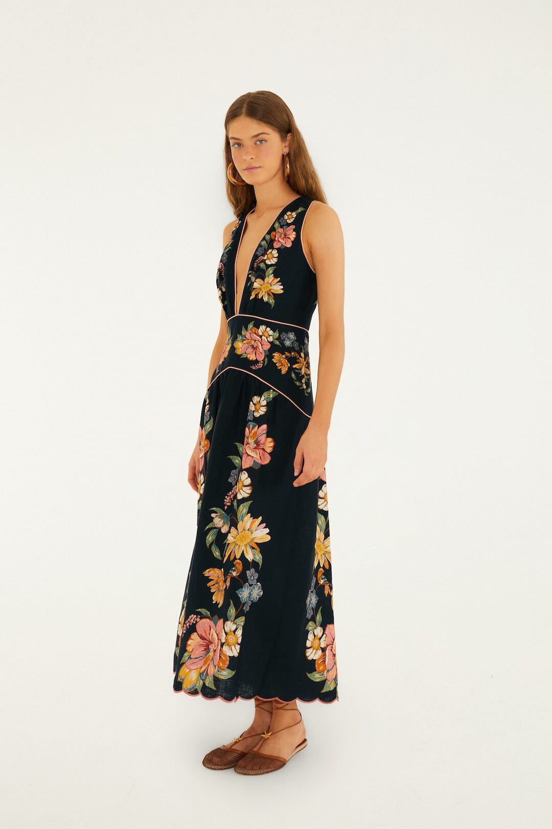 Dark Blue Maira Floral Euroflax™ Premium Linen Midi Dress