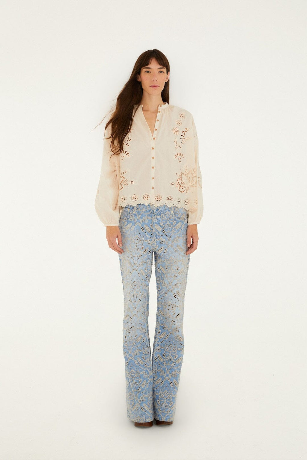 Denim Eyelet Pockets Flare Pants