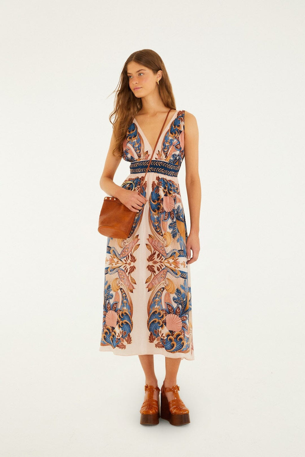 Soft Pink Garden Scarf V Neck Midi Dress