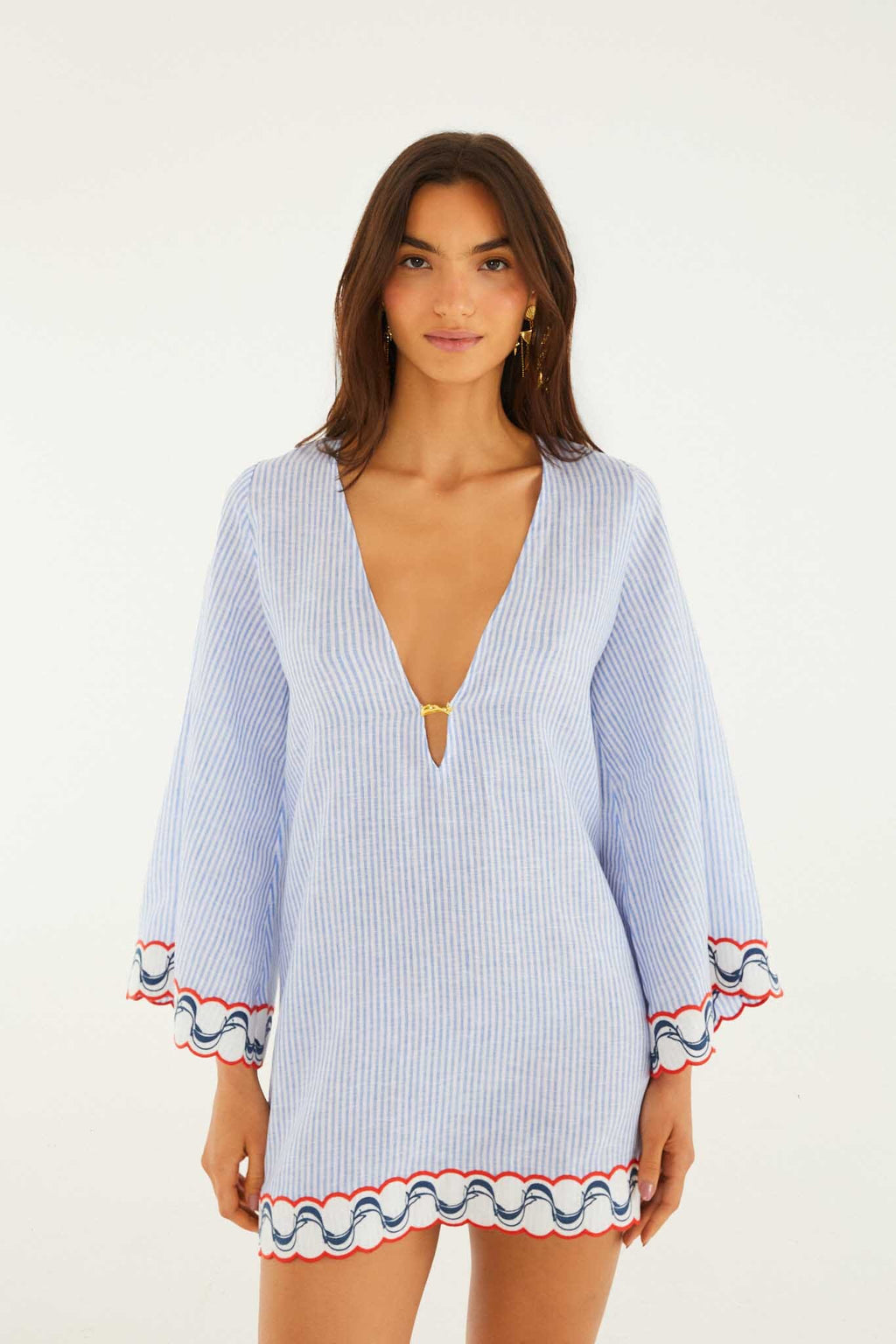 Blue Stripes Embroidered Open Back Mini Dress