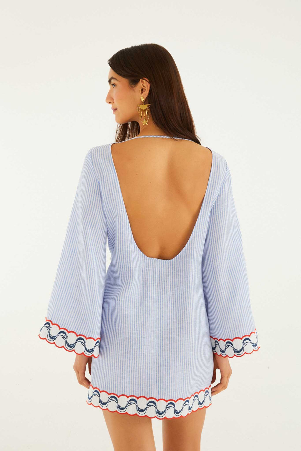 Blue Stripes Embroidered Open Back Mini Dress