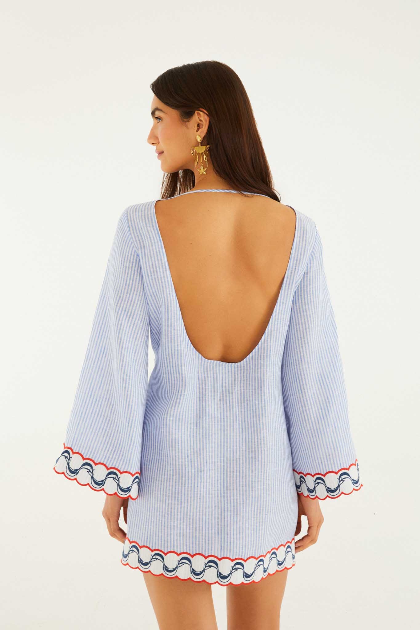 Blue Stripes Embroidered Open Back Mini Dress