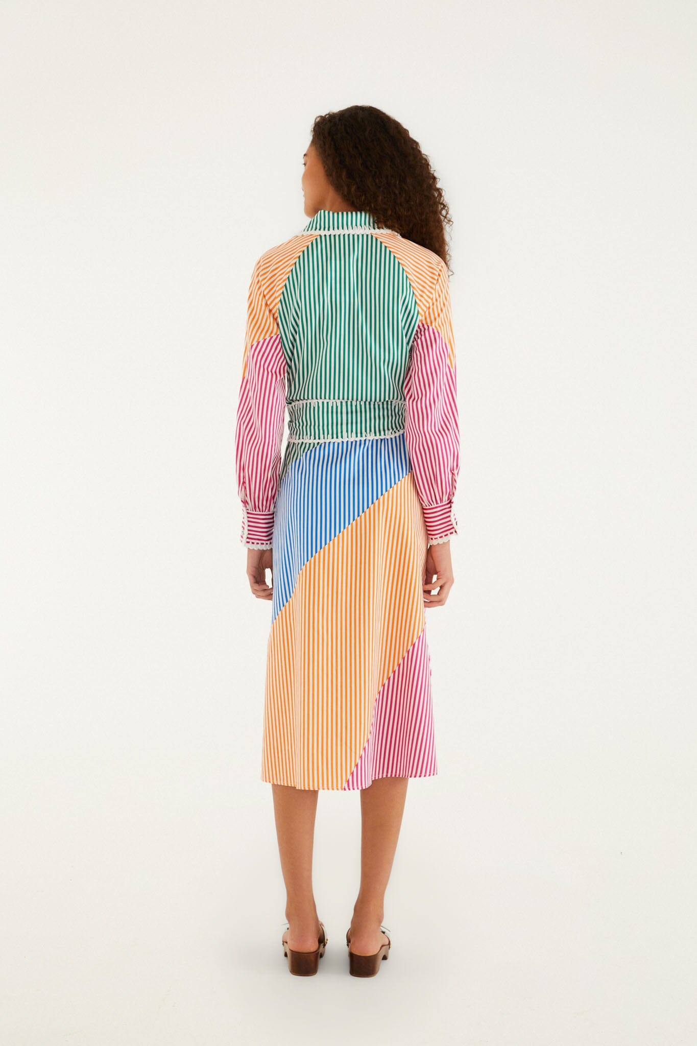 Multicolor Stripes Embroidered Belted Organic Cotton Midi Dress