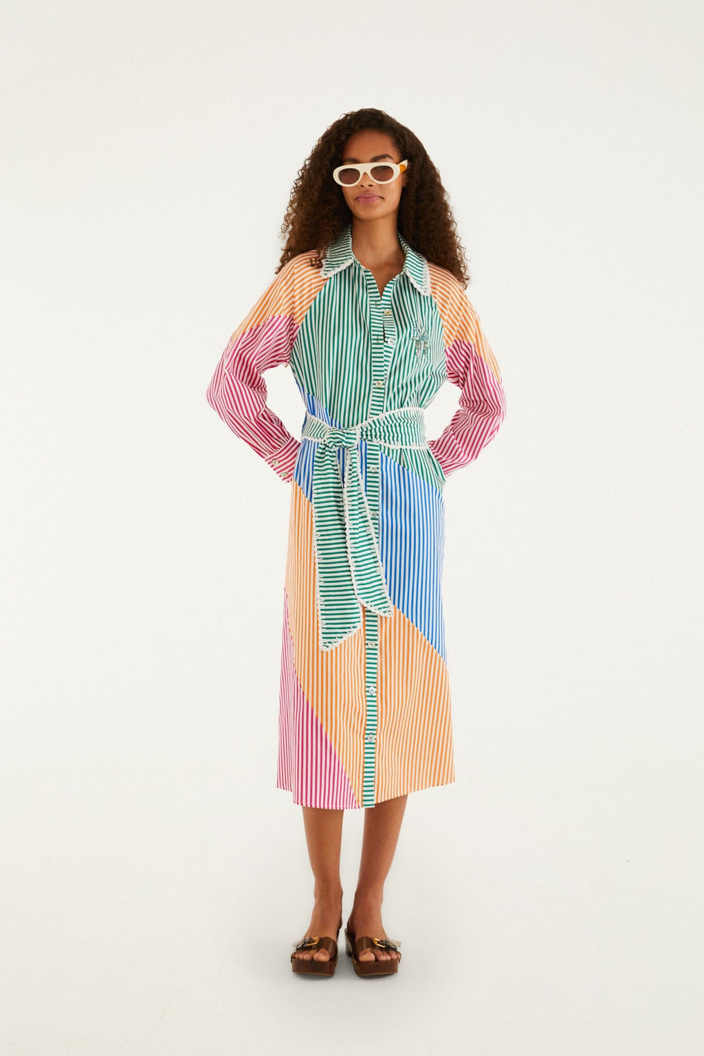Multicolor Stripes Embroidered Belted Organic Cotton Midi Dress