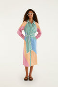 Multicolor Stripes Embroidered Belted Organic Cotton Midi Dress
