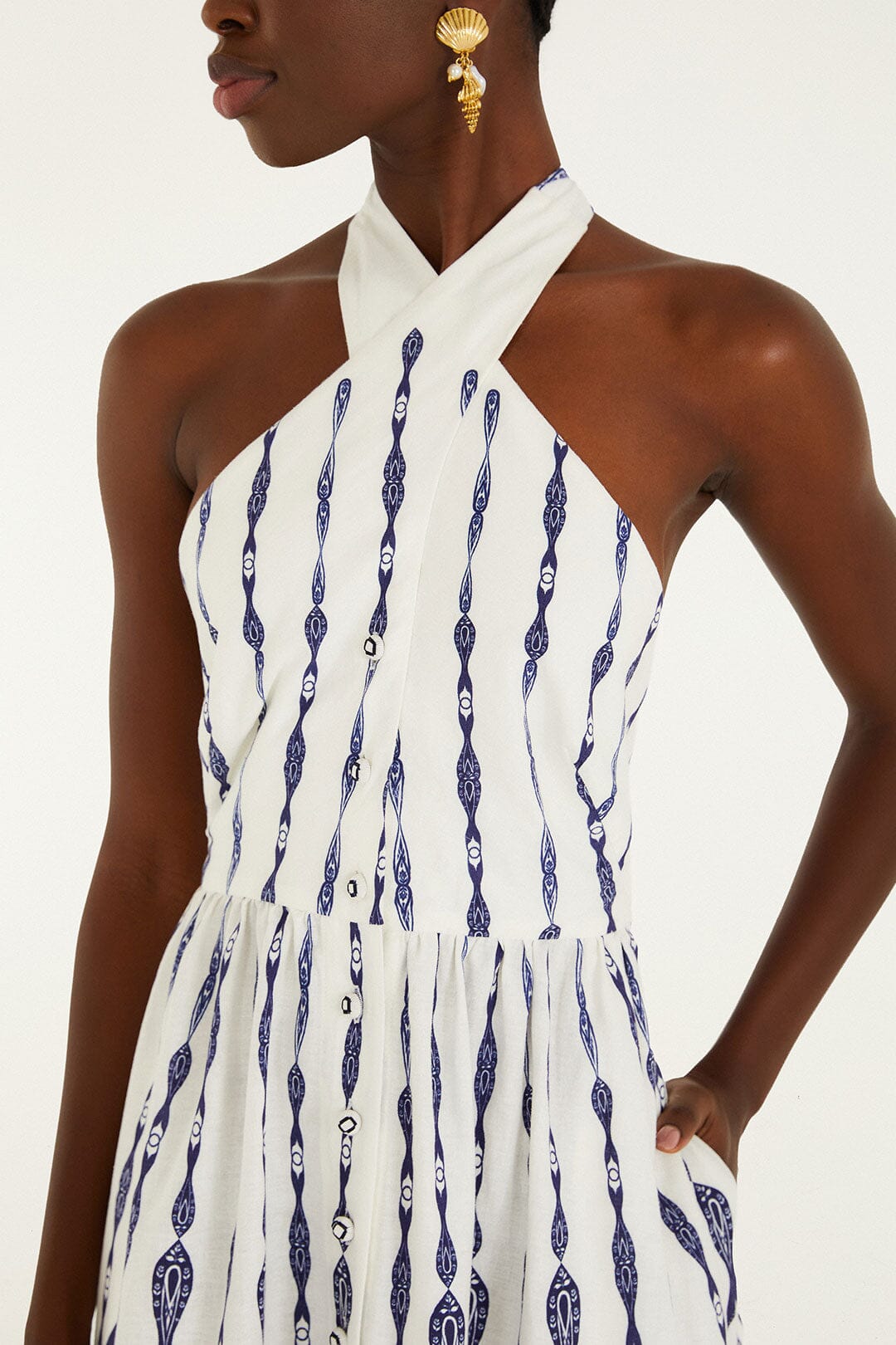 Off-White Fishes Flow Halter Neck Lenzing Ecovero Euroflax Midi Dress