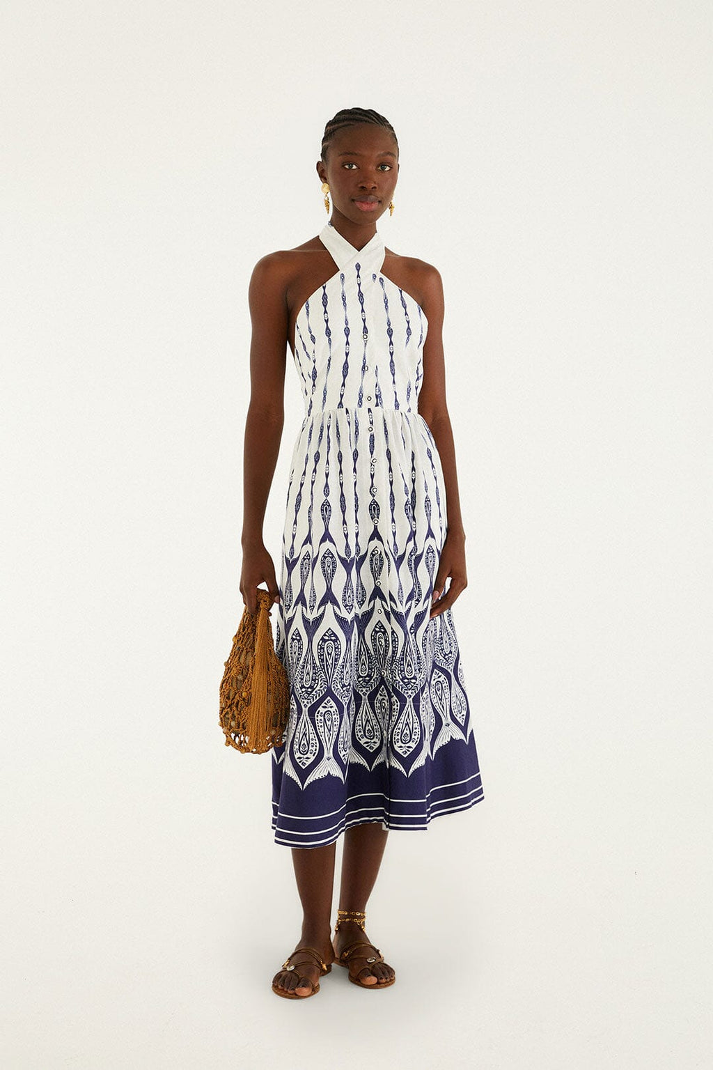 Off-White Fishes Flow Halter Neck Lenzing Ecovero Euroflax Midi Dress