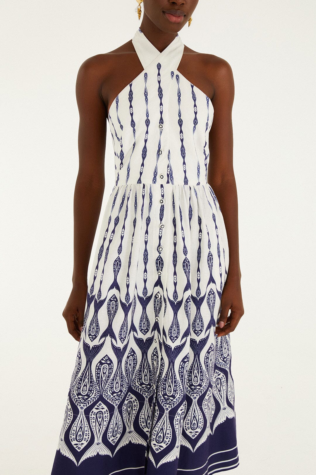 Off-White Fishes Flow Halter Neck Lenzing Ecovero Euroflax Midi Dress